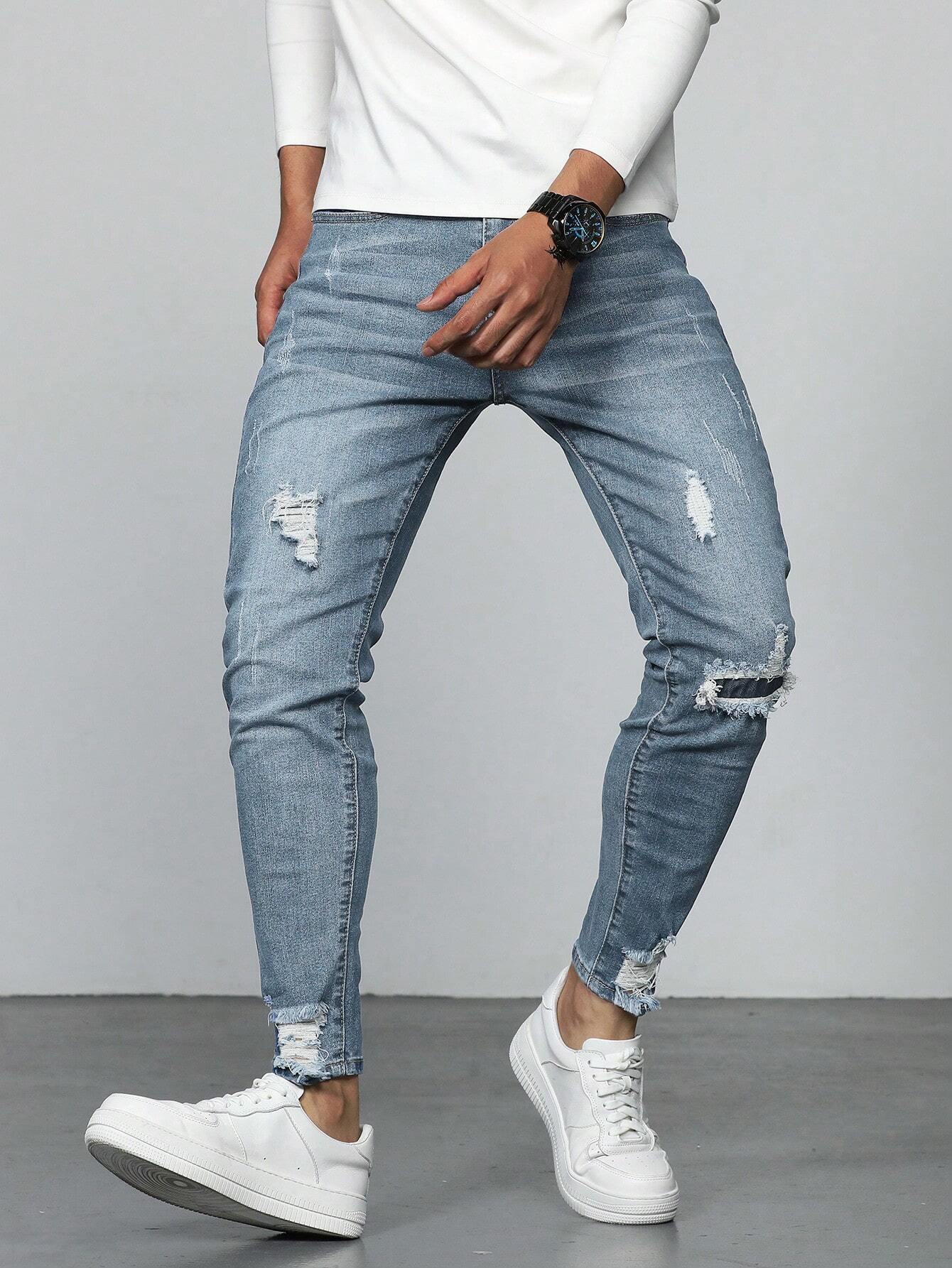 Men Cotton Ripped Frayed Skinny Jeans