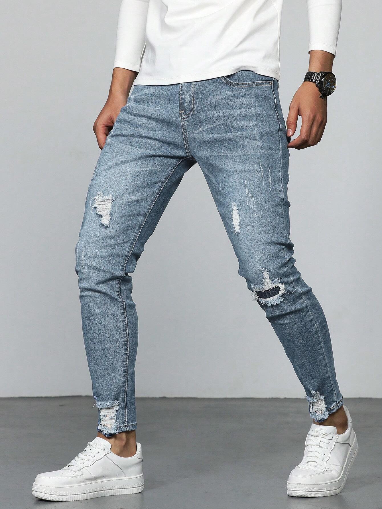 Men Cotton Ripped Frayed Skinny Jeans