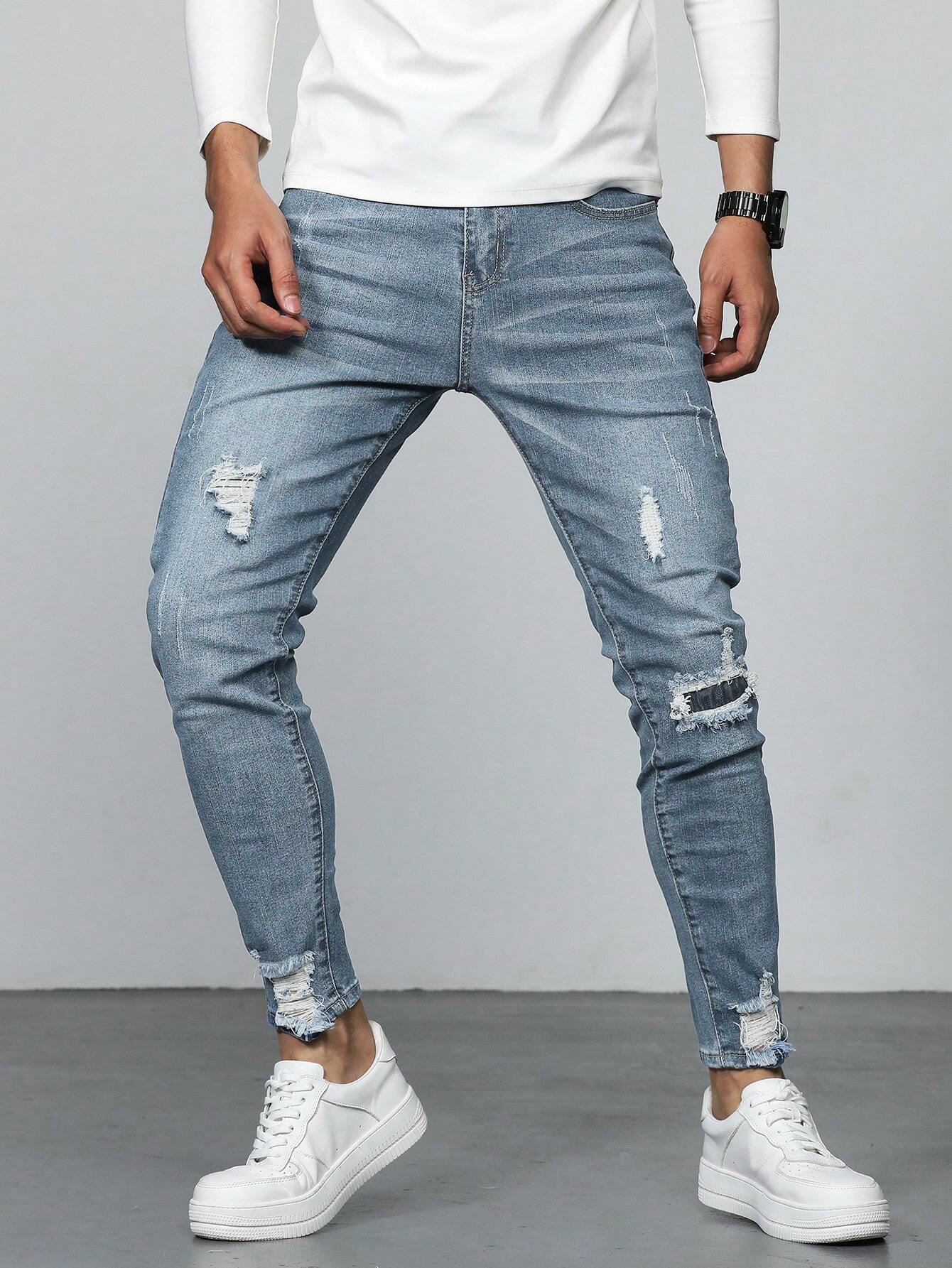 Men Cotton Ripped Frayed Skinny Jeans