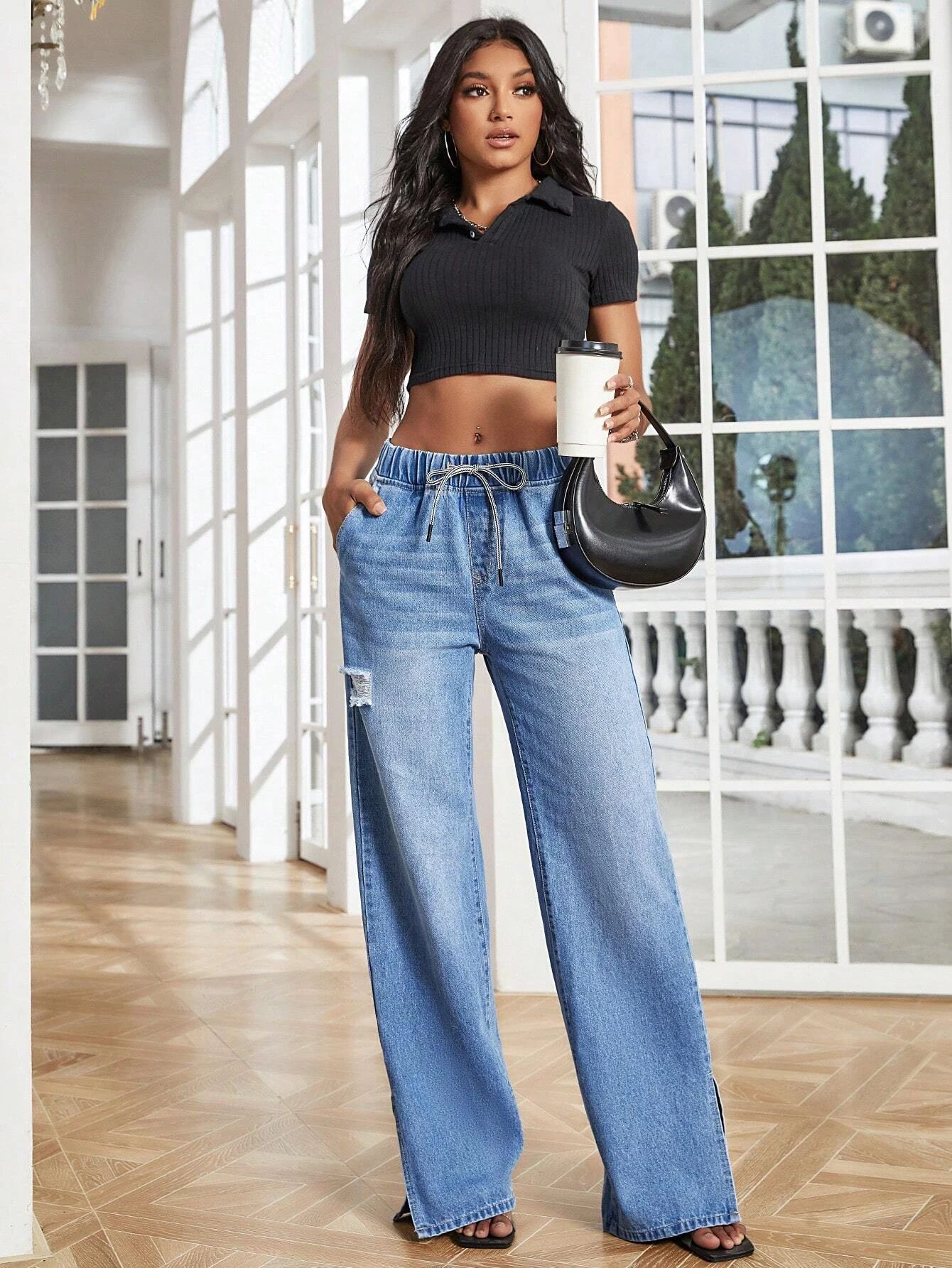 Custom Women Drawstring Waist Split Hem Wide Leg Jeans