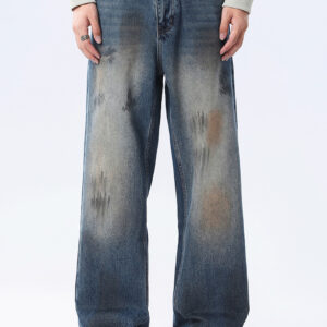 Custom Dirty Stain Wash Wide Leg Jeans Bespoke Oil Splatter Effect and Fit