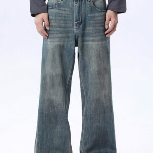 Custom Whiskered Vintage Jeans Bespoke Greyish Blue Wash and Wide Fit