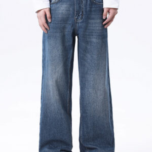 Tailored Mens Loose Straight Denim Pants Custom Faded Blue Wash and Sizing