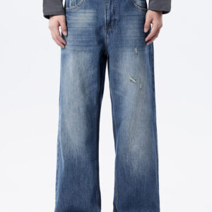 Custom Vintage Blue Distressed Jeans Bespoke Ripped Wash and Wide Fit